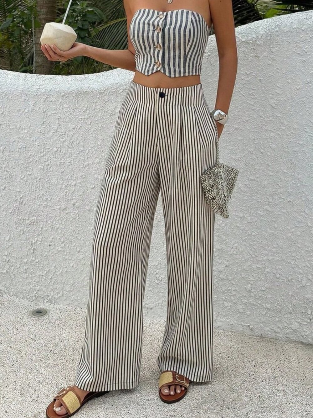 Black Casual Women's Striped Wide Leg Pants - Picture 5 of 9